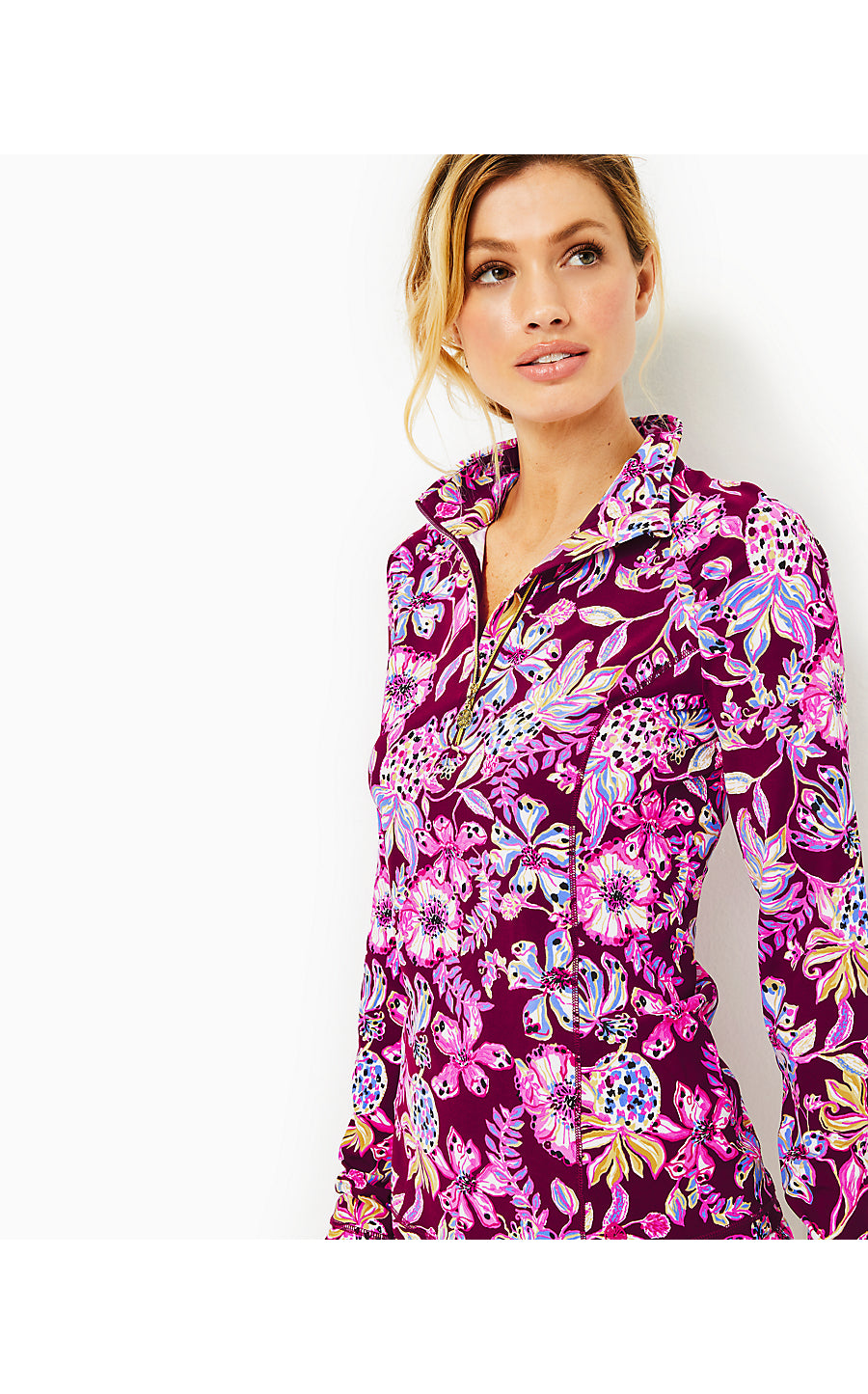 JUSTINE HALF ZIP UPF 50+, AMARENA CHERRY TROPICAL WITH A TWIST