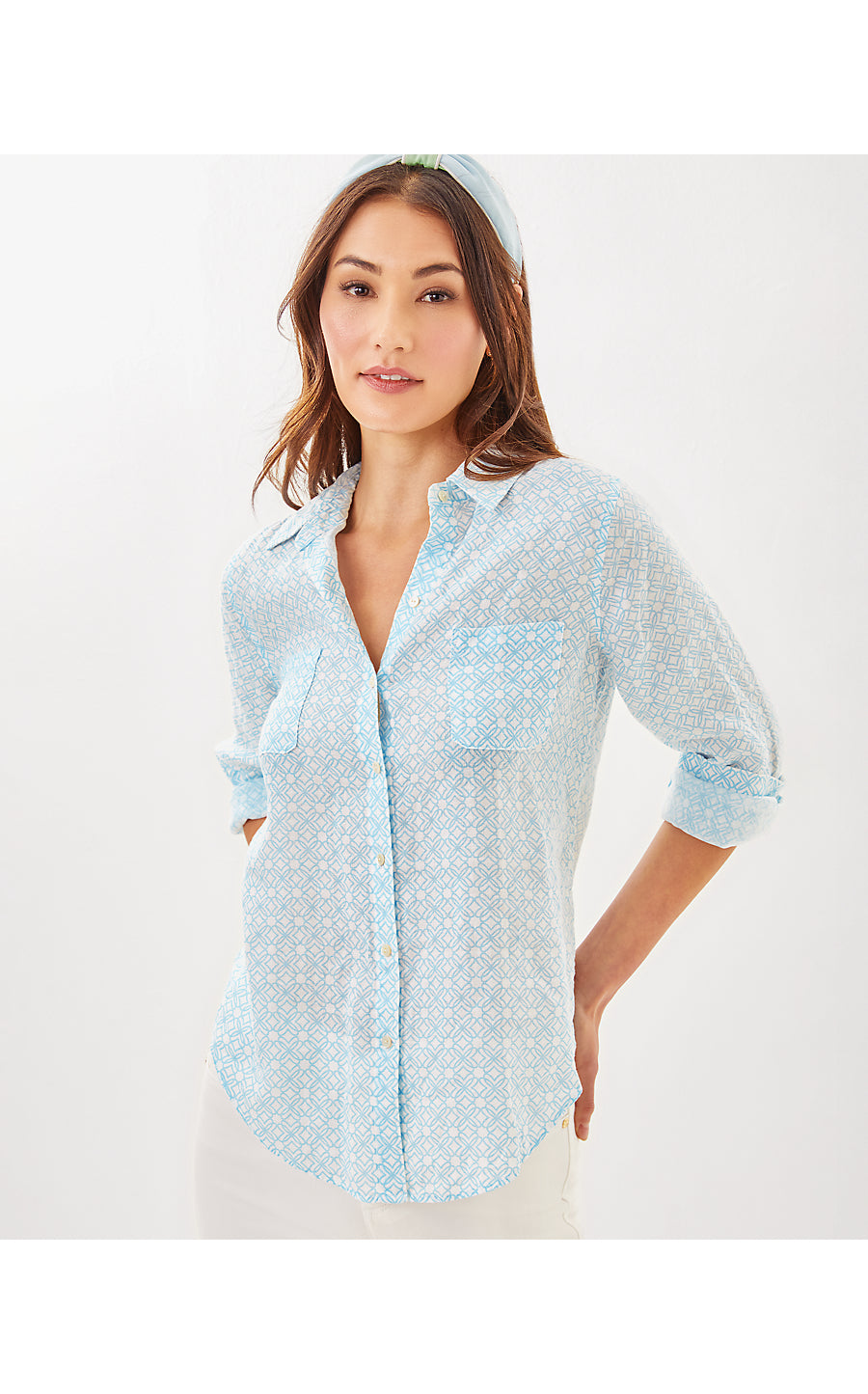 SEA VIEW BUTTON DOWN, BLUETTE X RESORT WHITE BUTTERFLY PATTERN