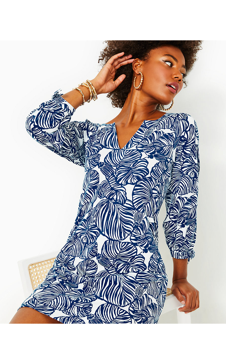 CATH 3/4 SLEEVE DRESS, AEGEAN NAVY BEACH PATH – Palm Place