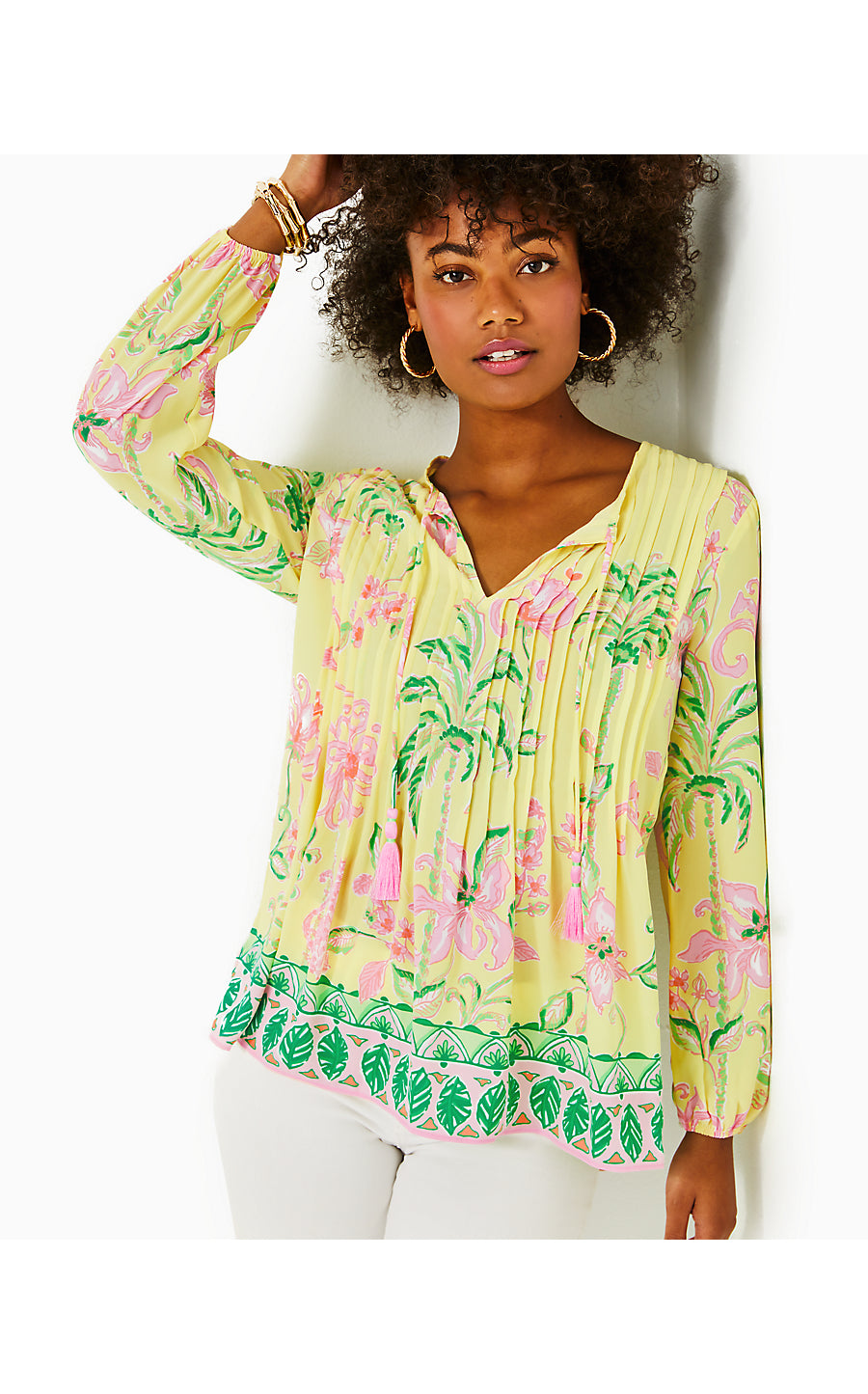 MARILINA LONG SLEEVE TUNIC, FINCH YELLOW TROPICAL OASIS ENGINEERED TUNIC