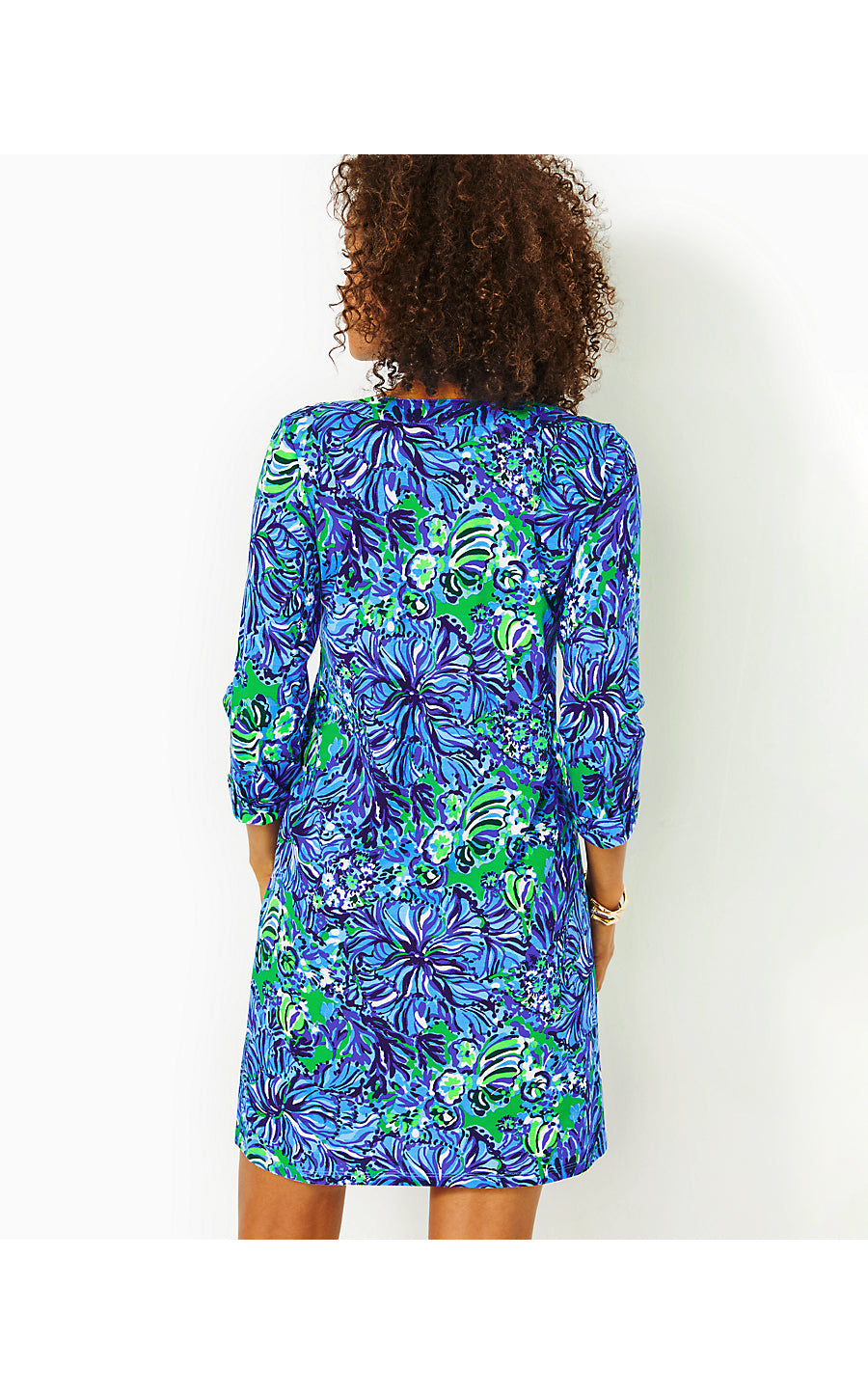FAIRFAX 3/4 SLEEVE DRESS, ABACO BLUE IN TURTLE AWE