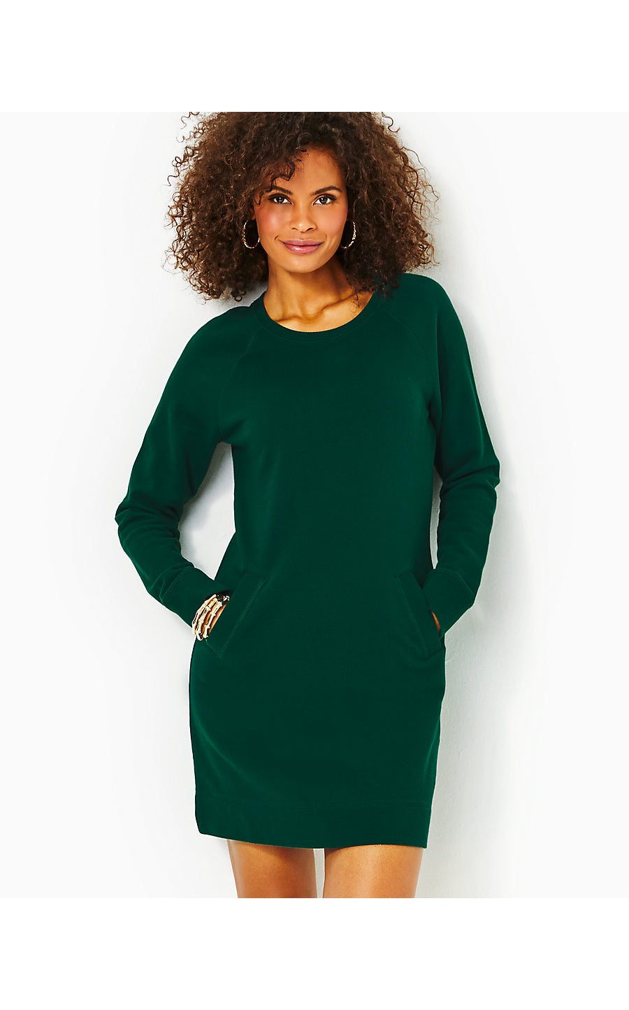 BEACH COMBER LONG SLEEVE DRESS, EVERGREEN
