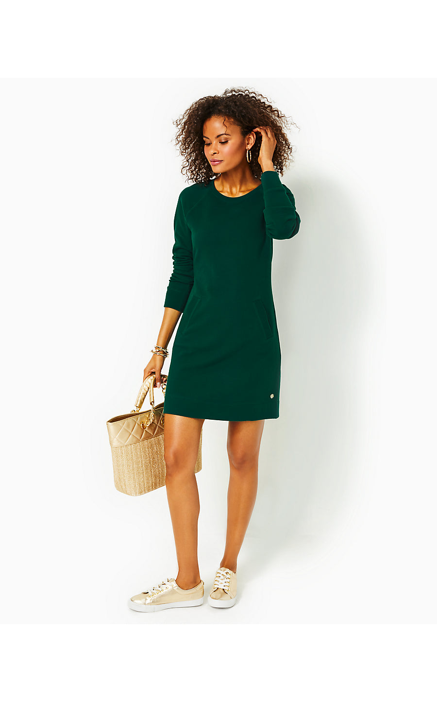 BEACH COMBER LONG SLEEVE DRESS, EVERGREEN