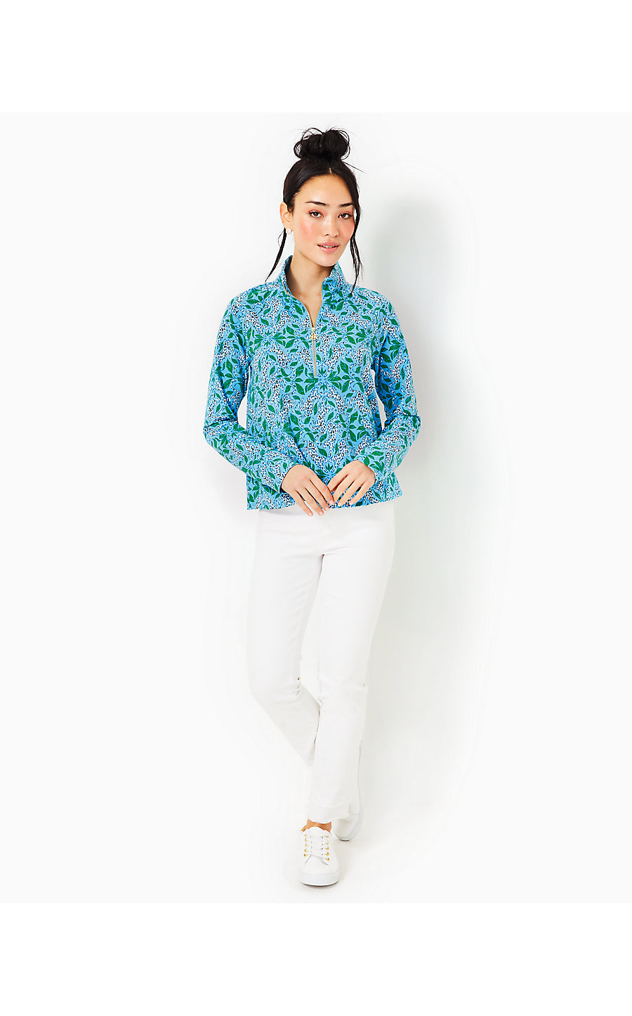 MELENA UPF 50+ POPOVER, BON BON BLUE LEAPIN LEOPARDS
