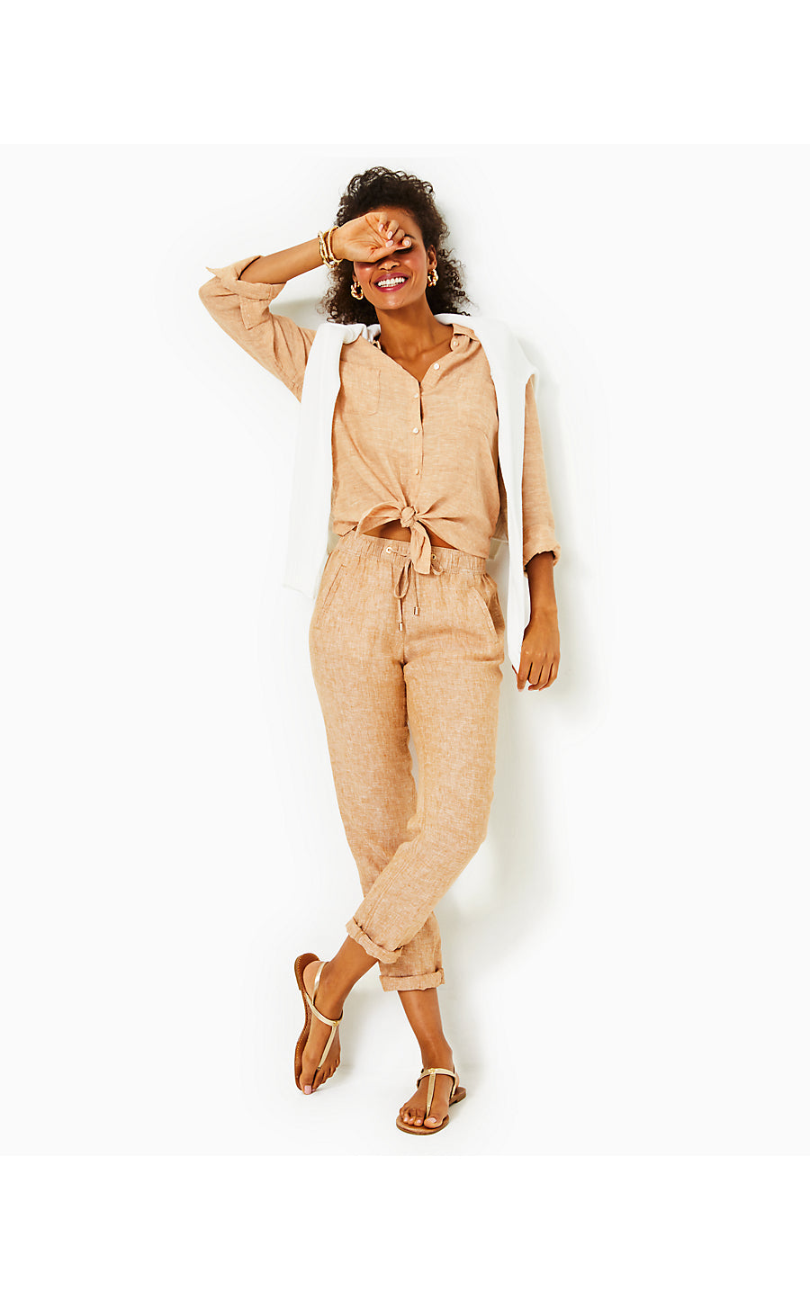 TARON LINEN PANT, RATTAN X RESORT WHITE