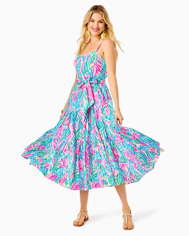 EDITH COTTON MIDI DRESS, MULTI SEA TURTLE SOIREE