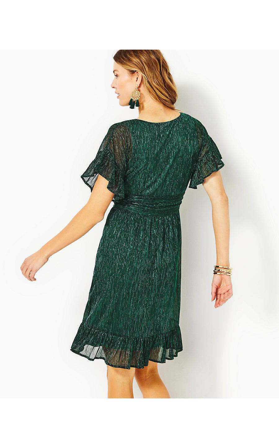 SINCLARE SHORT SLEEVE DRESS, EVERGREEN METALLIC KNIT CRINKLE