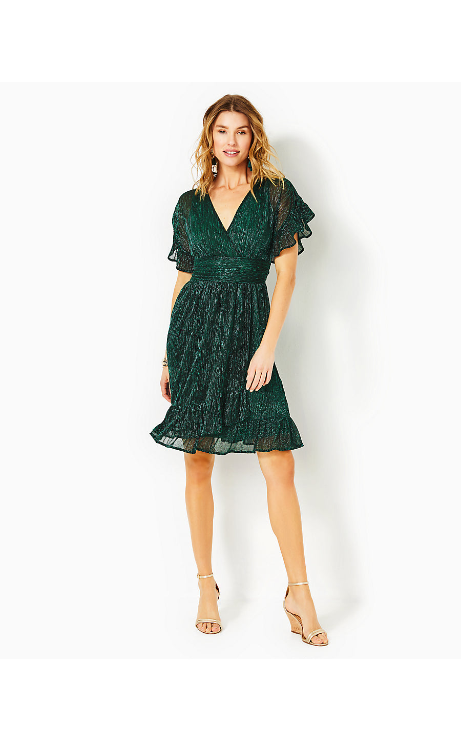 SINCLARE SHORT SLEEVE DRESS, EVERGREEN METALLIC KNIT CRINKLE