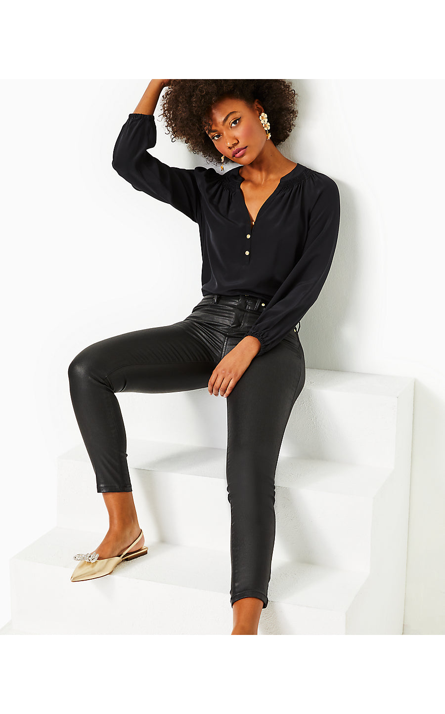 EAGAN HIGH RISE STRETCH COATED DENIM, BLACK