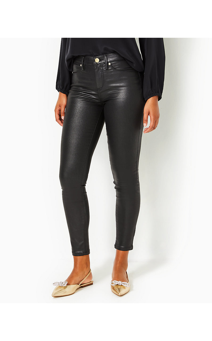 EAGAN HIGH RISE STRETCH COATED DENIM, BLACK