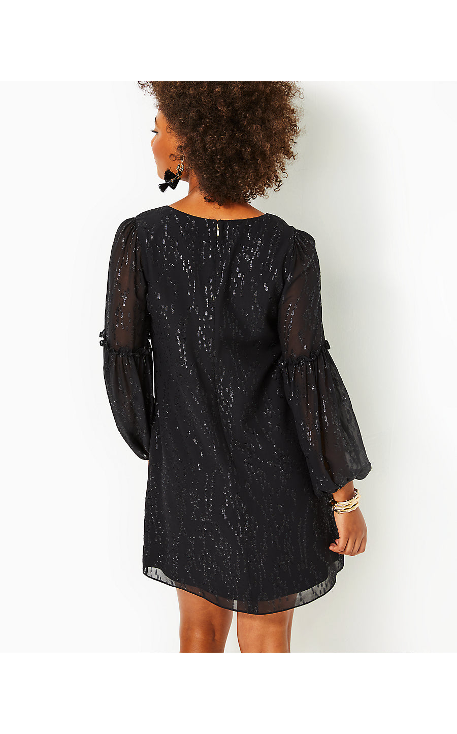 CLEME LONG SLEEVE SILK DRESS, ONYX FISH CLIP CHIFFON