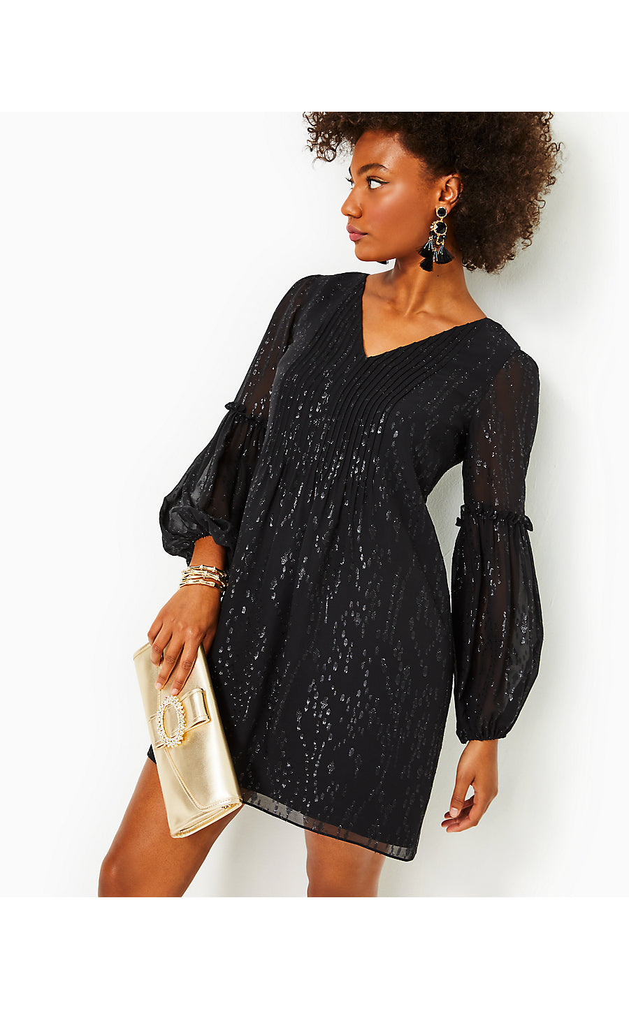 CLEME LONG SLEEVE SILK DRESS, ONYX FISH CLIP CHIFFON