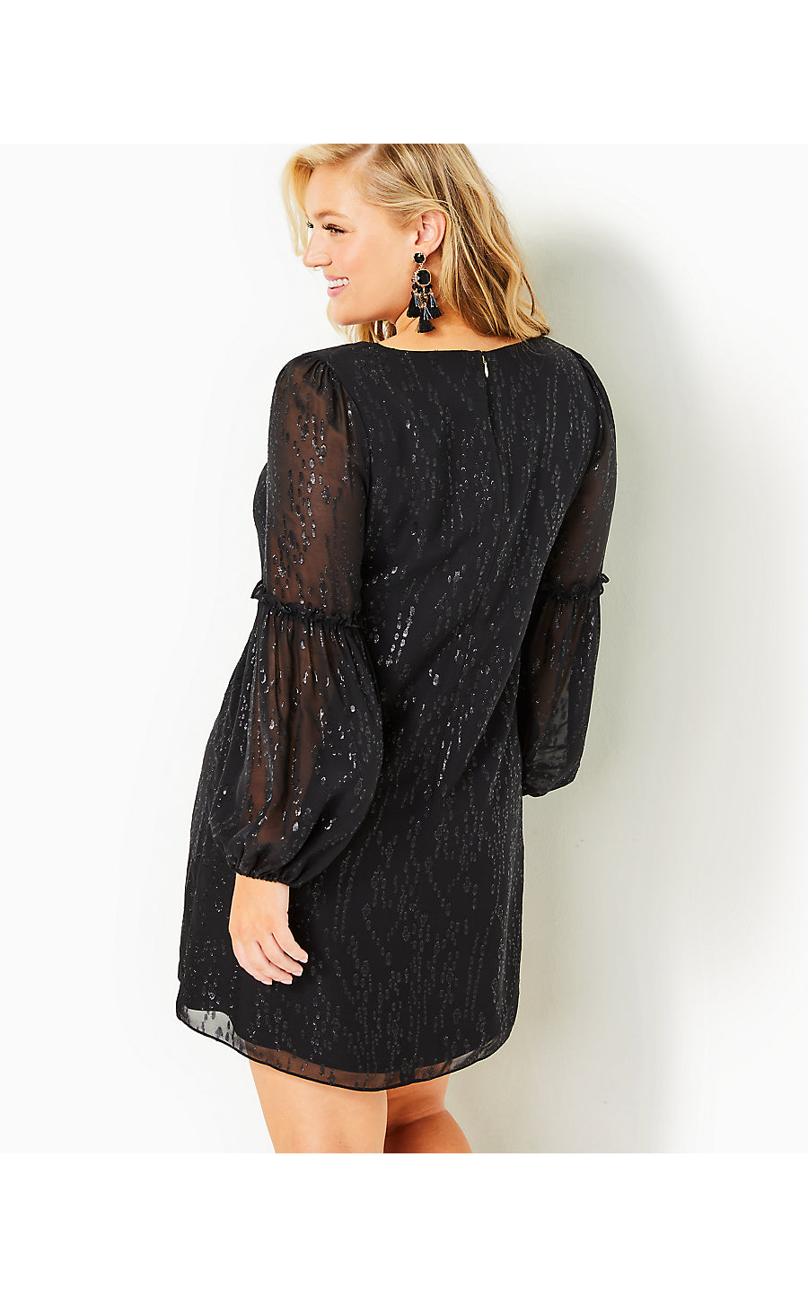 CLEME LONG SLEEVE SILK DRESS, ONYX FISH CLIP CHIFFON