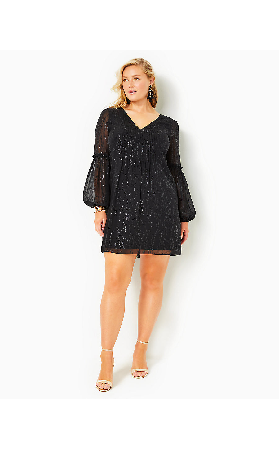 CLEME LONG SLEEVE SILK DRESS, ONYX FISH CLIP CHIFFON