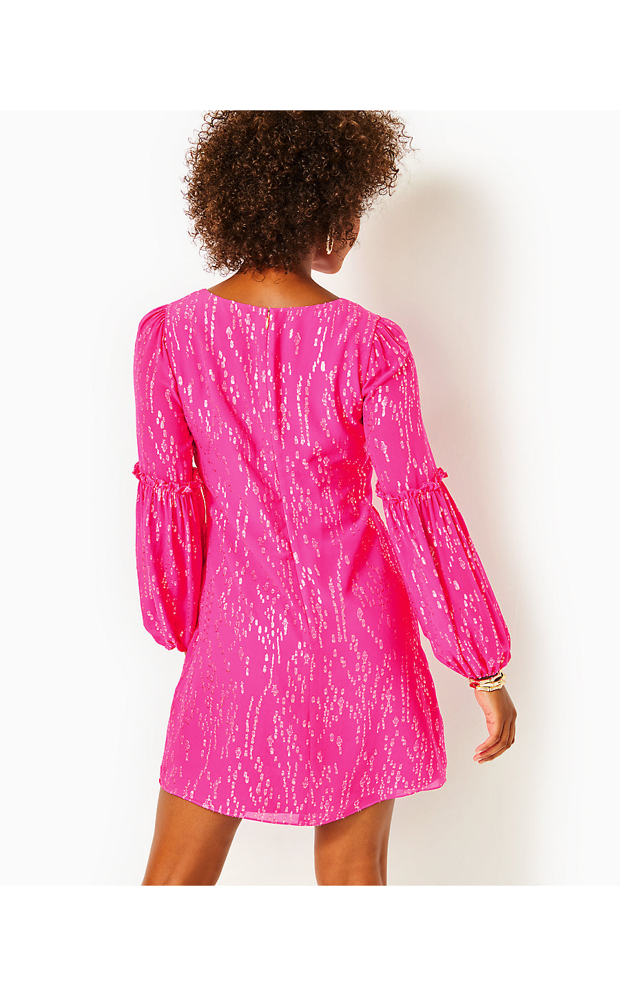 CLEME LONG SLEEVE SILK DRESS, PINK PALMS FISH CLIP CHIFFON