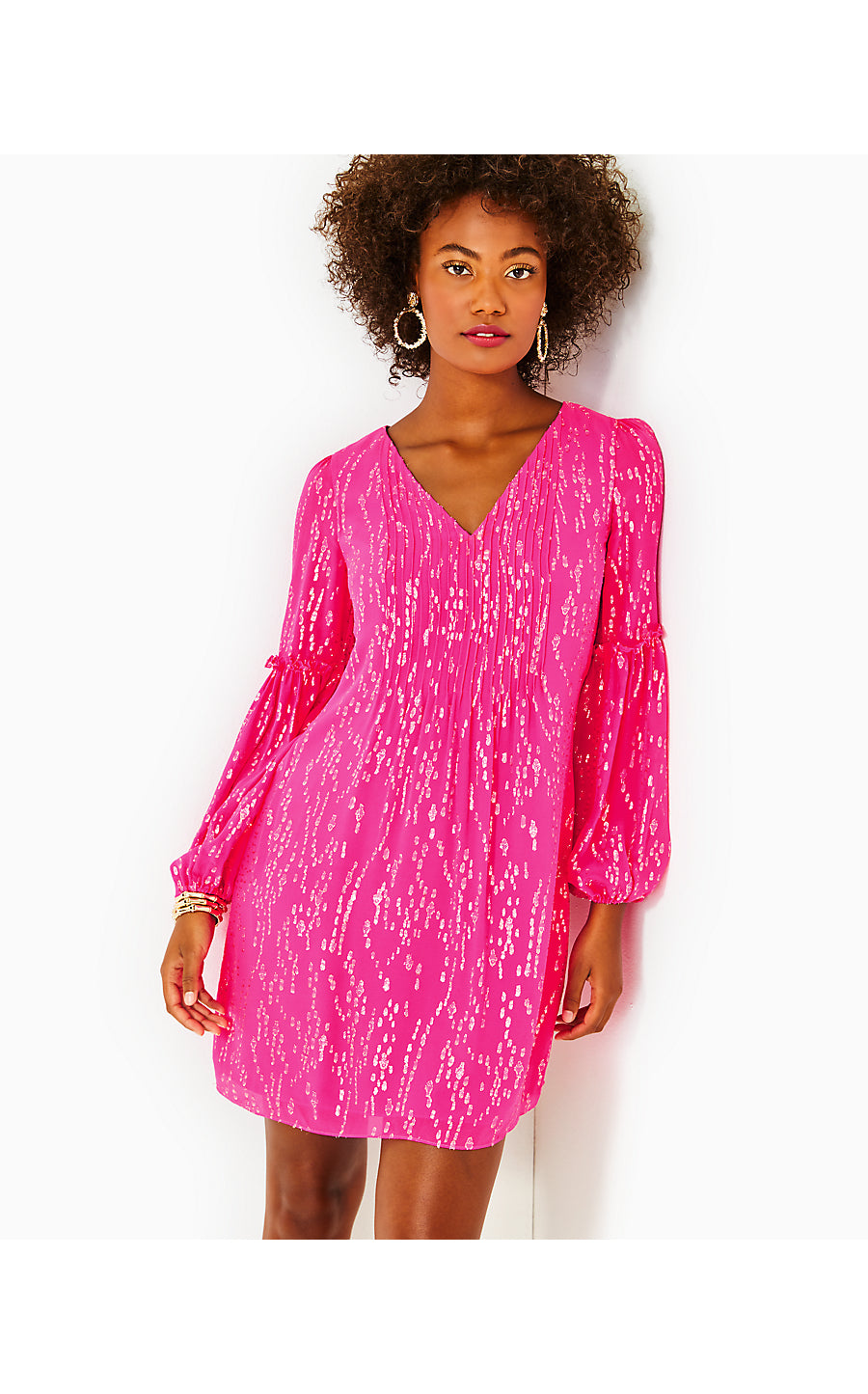 CLEME LONG SLEEVE SILK DRESS, PINK PALMS FISH CLIP CHIFFON