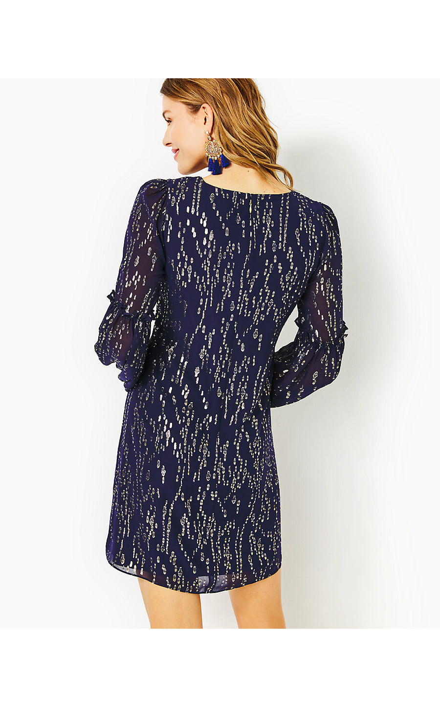 CLEME LONG SLEEVE SILK DRESS, TRUE NAVY FISH CLIP CHIFFON