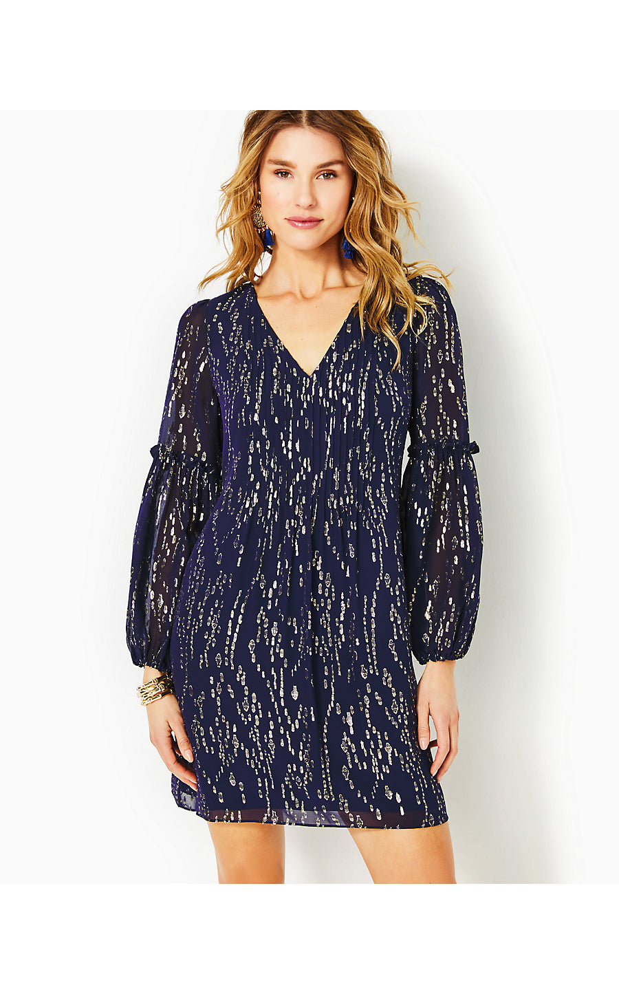 CLEME LONG SLEEVE SILK DRESS, TRUE NAVY FISH CLIP CHIFFON