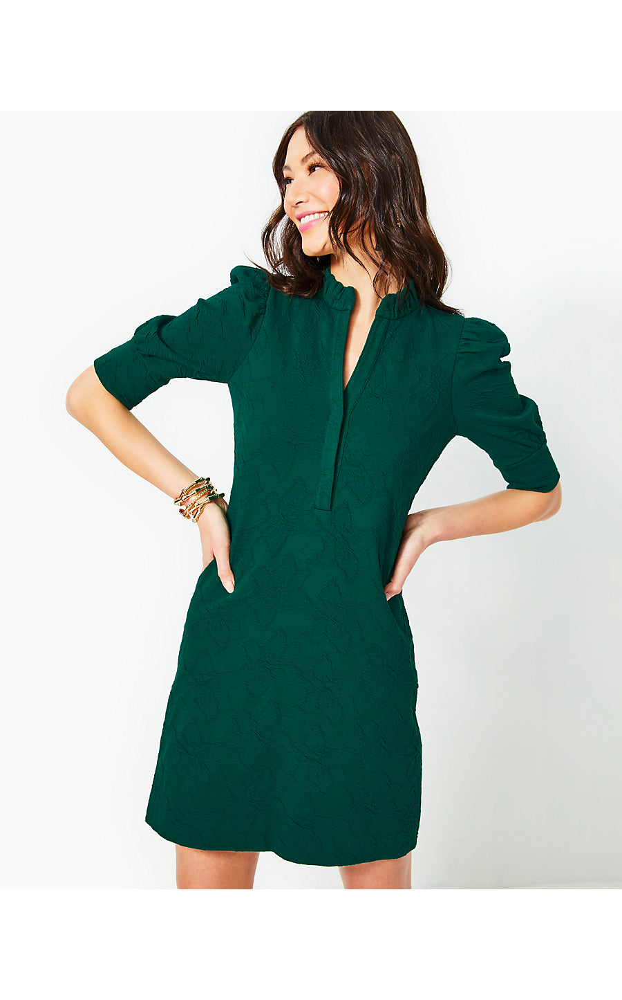 ELSEY ELBOW SLEEVE DRESS, EVERGREEN KNIT PUCKER JACQUARD