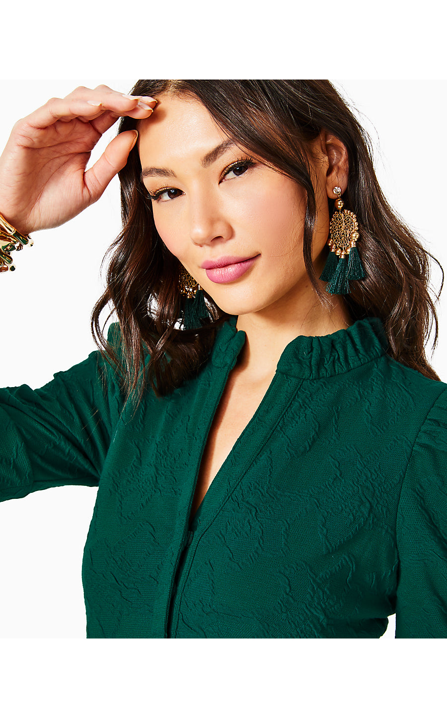 ELSEY ELBOW SLEEVE DRESS, EVERGREEN KNIT PUCKER JACQUARD