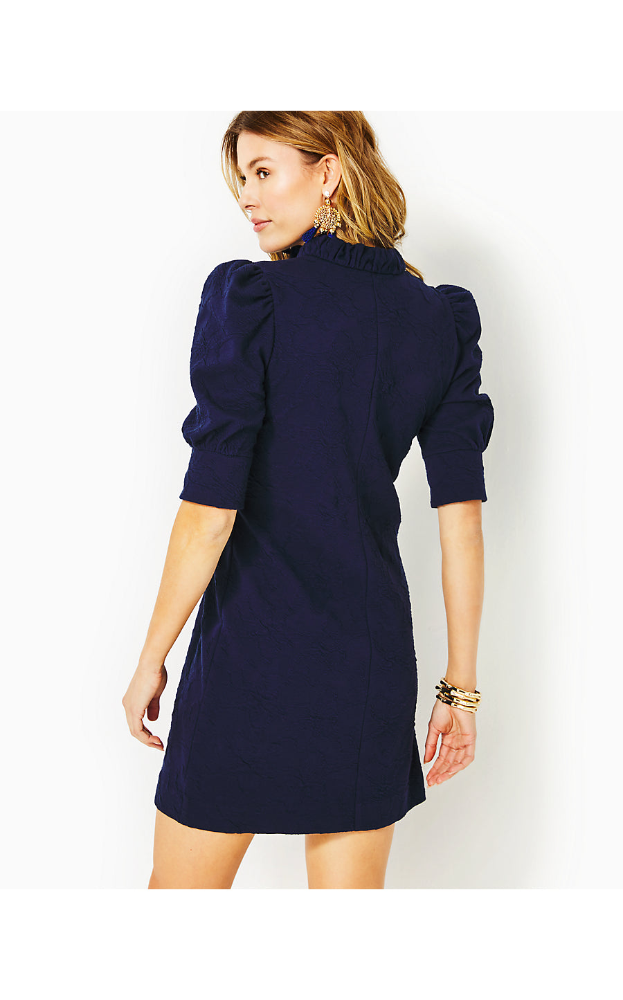 ELSEY ELBOW SLEEVE DRESS, TRUE NAVY KNIT PUCKER JACQUARD