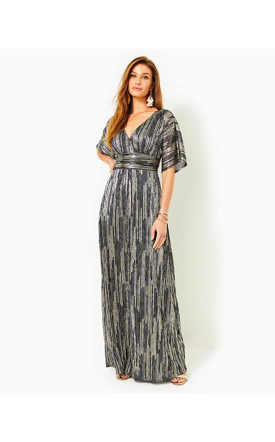 PARIGI ELBOW SLEEVE MAXI, TRUE NAVY X GOLD METALLIC ROPE STRIPE CRINKLE KNIT