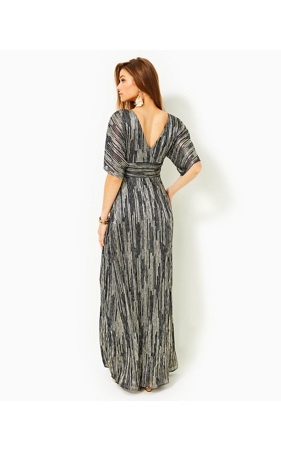PARIGI ELBOW SLEEVE MAXI, TRUE NAVY X GOLD METALLIC ROPE STRIPE CRINKLE KNIT