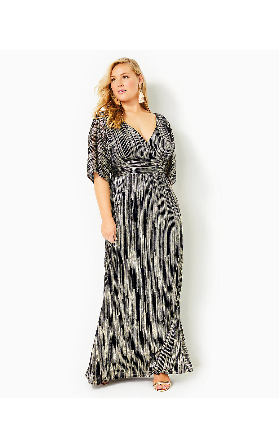 PARIGI ELBOW SLEEVE MAXI, TRUE NAVY X GOLD METALLIC ROPE STRIPE CRINKLE KNIT