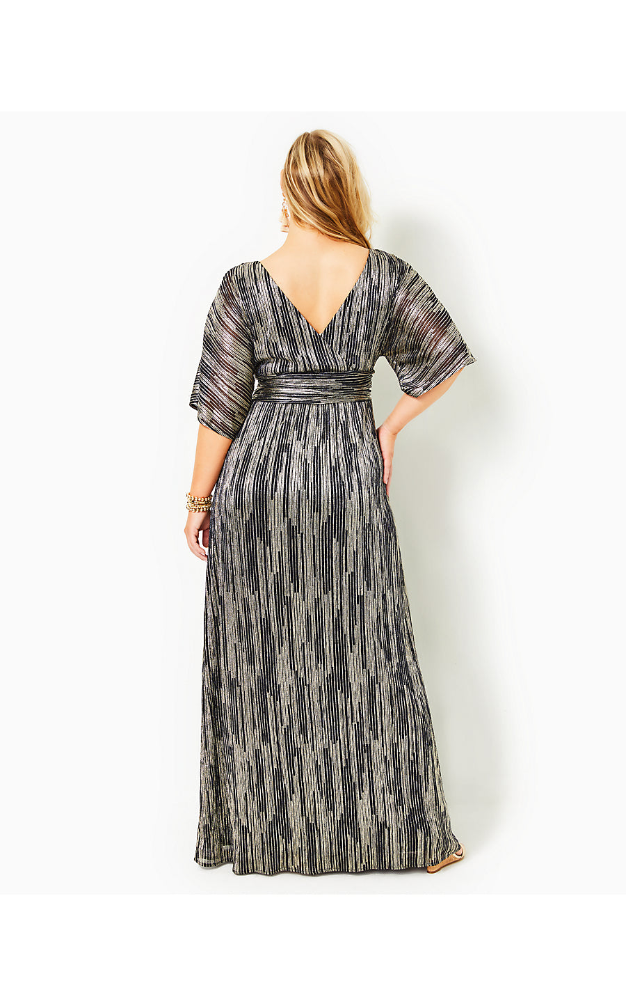 PARIGI ELBOW SLEEVE MAXI, TRUE NAVY X GOLD METALLIC ROPE STRIPE CRINKLE KNIT