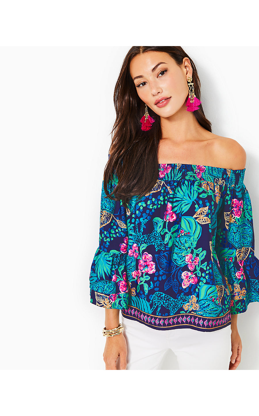 KAORI 3/4 SLEEVE OFF THE, LOW TIDE NAVY LIFE OF THE PARTY ENGINEERED WOVEN TOP