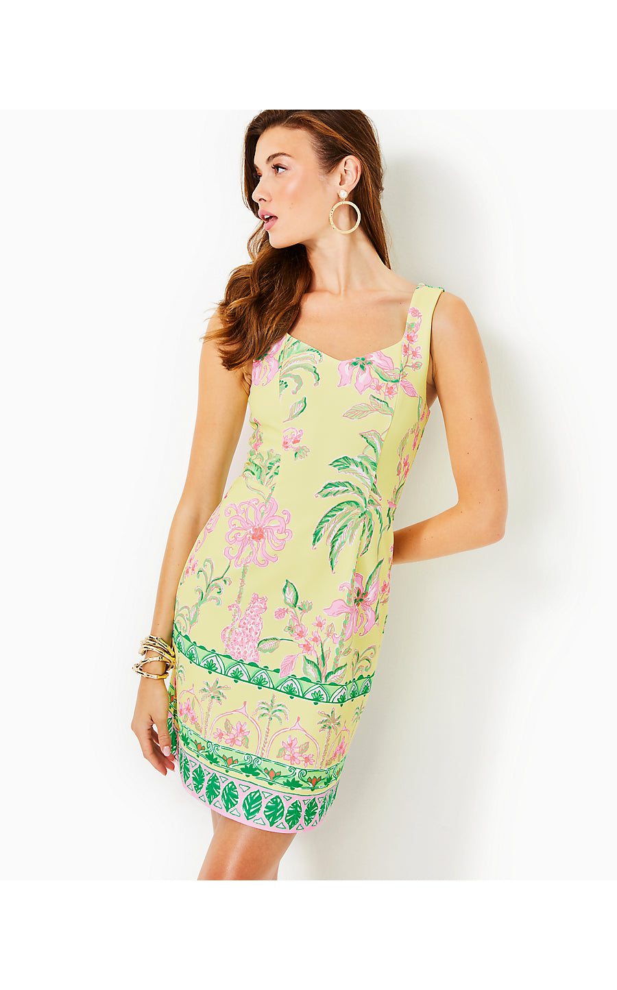 DEL REY STRETCH SHIFT DRESS, FINCH YELLOW TROPICAL OASIS ENGINEERED KNIT DRESS