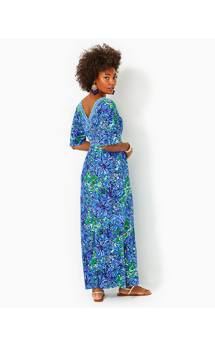 ADDISON ELBOW SLEEVE MAXI, ABACO BLUE IN TURTLE AWE ENGINEERED MAXI DRESS
