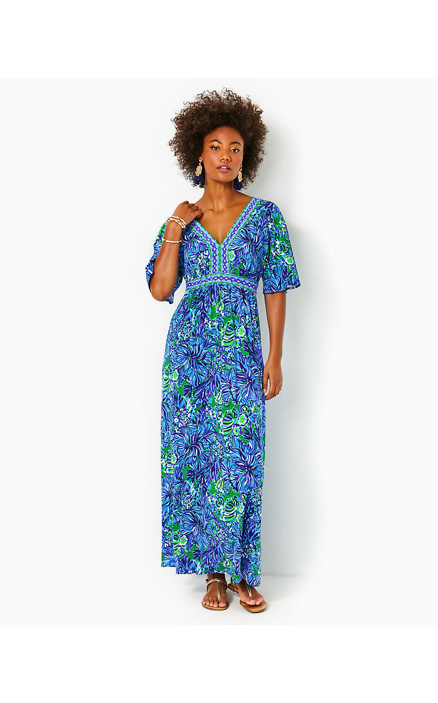 ADDISON ELBOW SLEEVE MAXI, ABACO BLUE IN TURTLE AWE ENGINEERED MAXI DRESS
