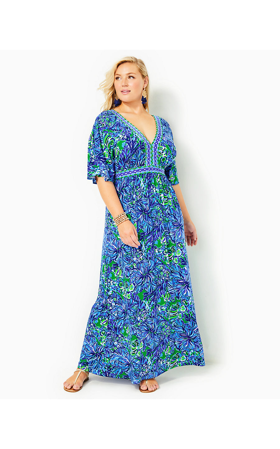 ADDISON ELBOW SLEEVE MAXI, ABACO BLUE IN TURTLE AWE ENGINEERED MAXI DRESS