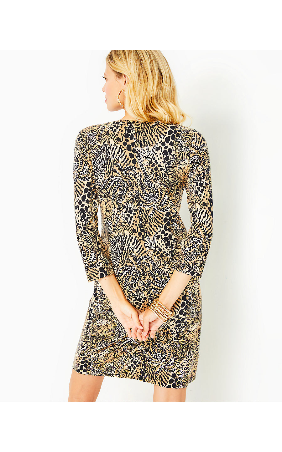 TESSA 3/4 SLEEVE V-NECK DRESS, RATTAN WALK ON THE WILD SIDE