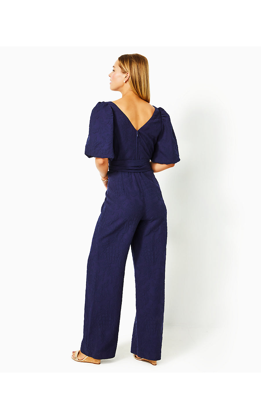 KIRRABELLE SHORT-SLEEVE JUMPSUIT, TRUE NAVY PINEAPPLE PUCKER JACQUARD
