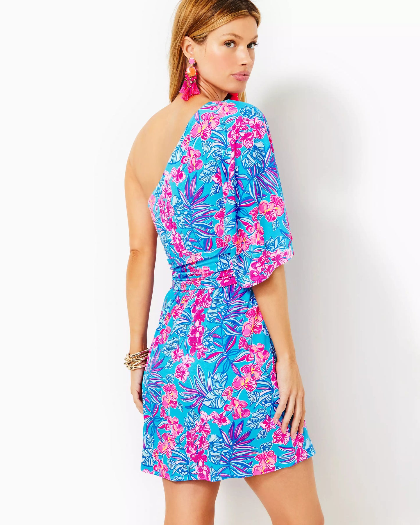 NIKI ONE SHOULDER ROMPER, CUMULUS BLUE ORCHID OASIS