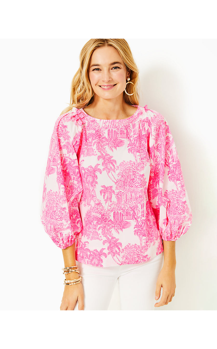 BARBARA 3/4 SLEEVE COTTON TOP, RESORT WHITE PB ANNIVERSARY TOILE