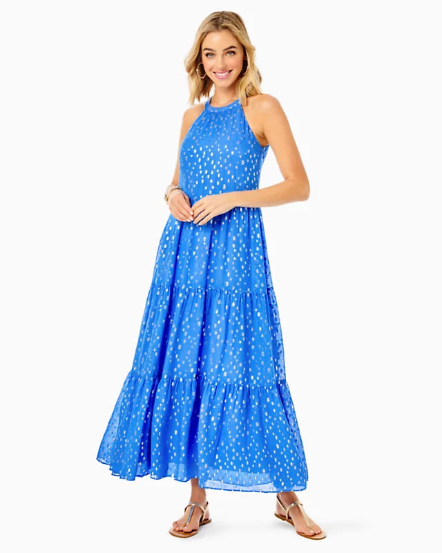 BECCALYN MAXI DRESS, BOCA BLUE VISCOSE METALLIC CLIP DOBBY BECCALYN MAXI DRESS, BOCA BLUE VISCOSE METALLIC CLIP DOBBY
