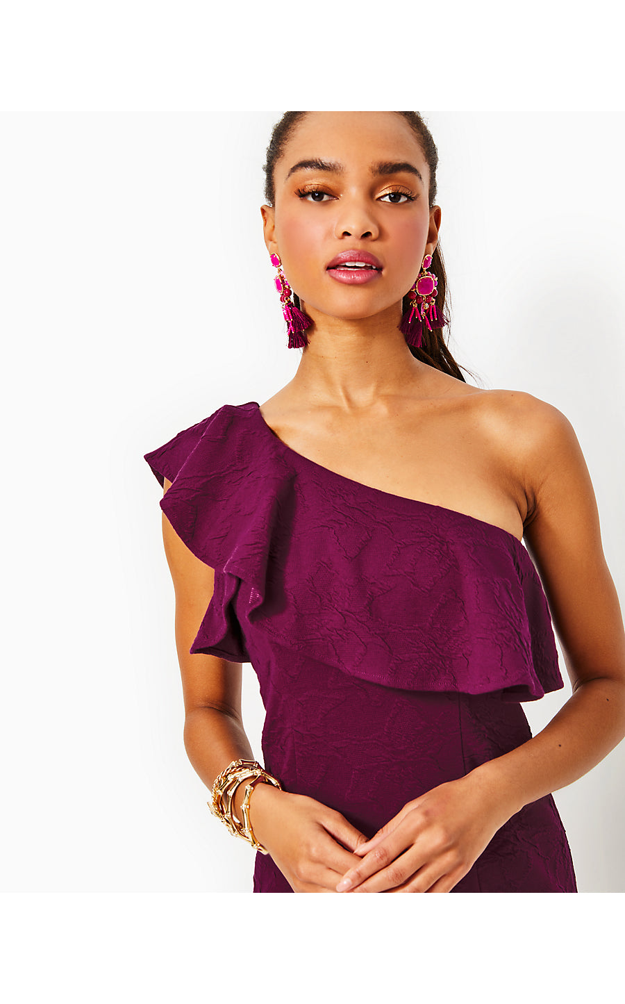 BORDEAUX ONE SHOULDER DRE, AMARENA CHERRY KNIT PUCKER JACQUARD