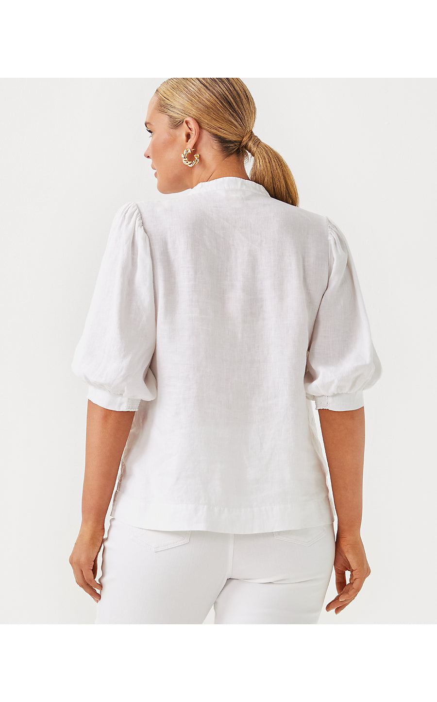 MIALEIGH ELBOW SLEEVE LINEN TOP, RESORT WHITE