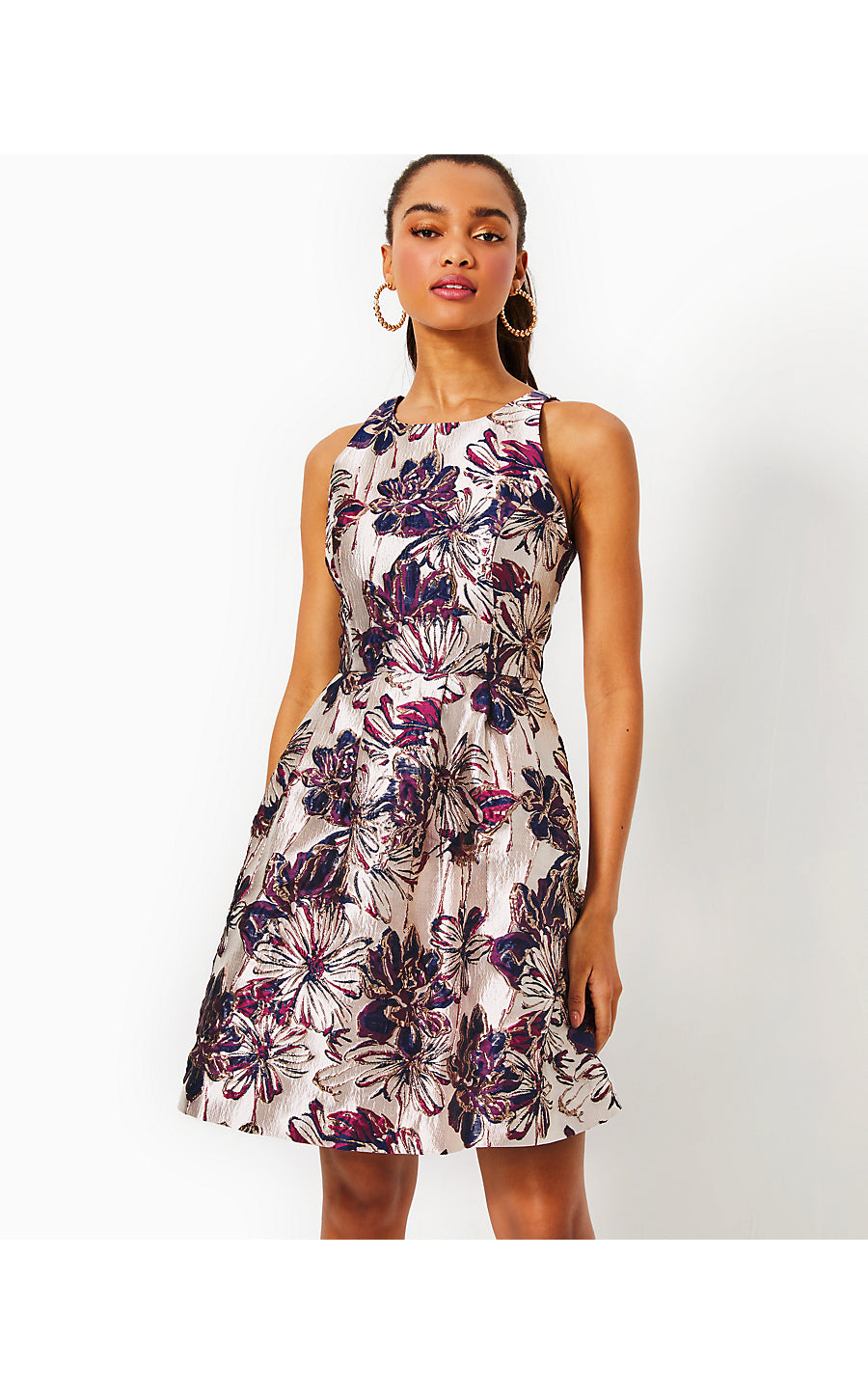 JOLLIAN FLORAL JACQUARD DRESS, LOW TIDE NAVY x AMARENA CHERRY FETE FLORAL BROCADE