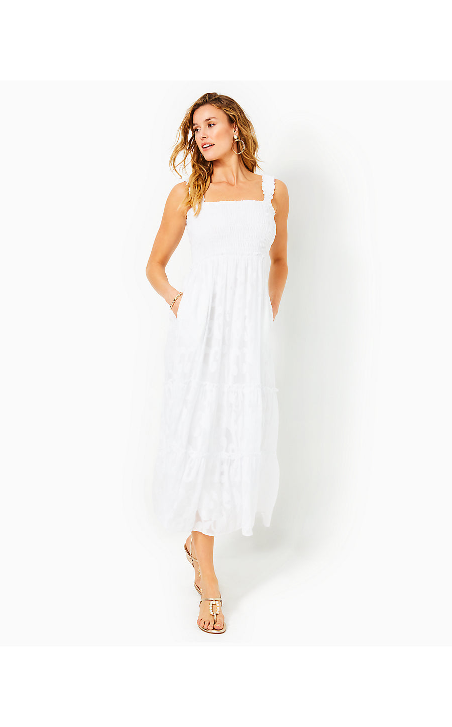 HADLY SMOCKED MAXI DRESS, RESORT WHITE POLY CREPE SWIRL CLIP Palm Place HADLY SMOCKED MAXI DRESS, RESORT WHITE POLY CREPE SWIRL CLIP Palm Place