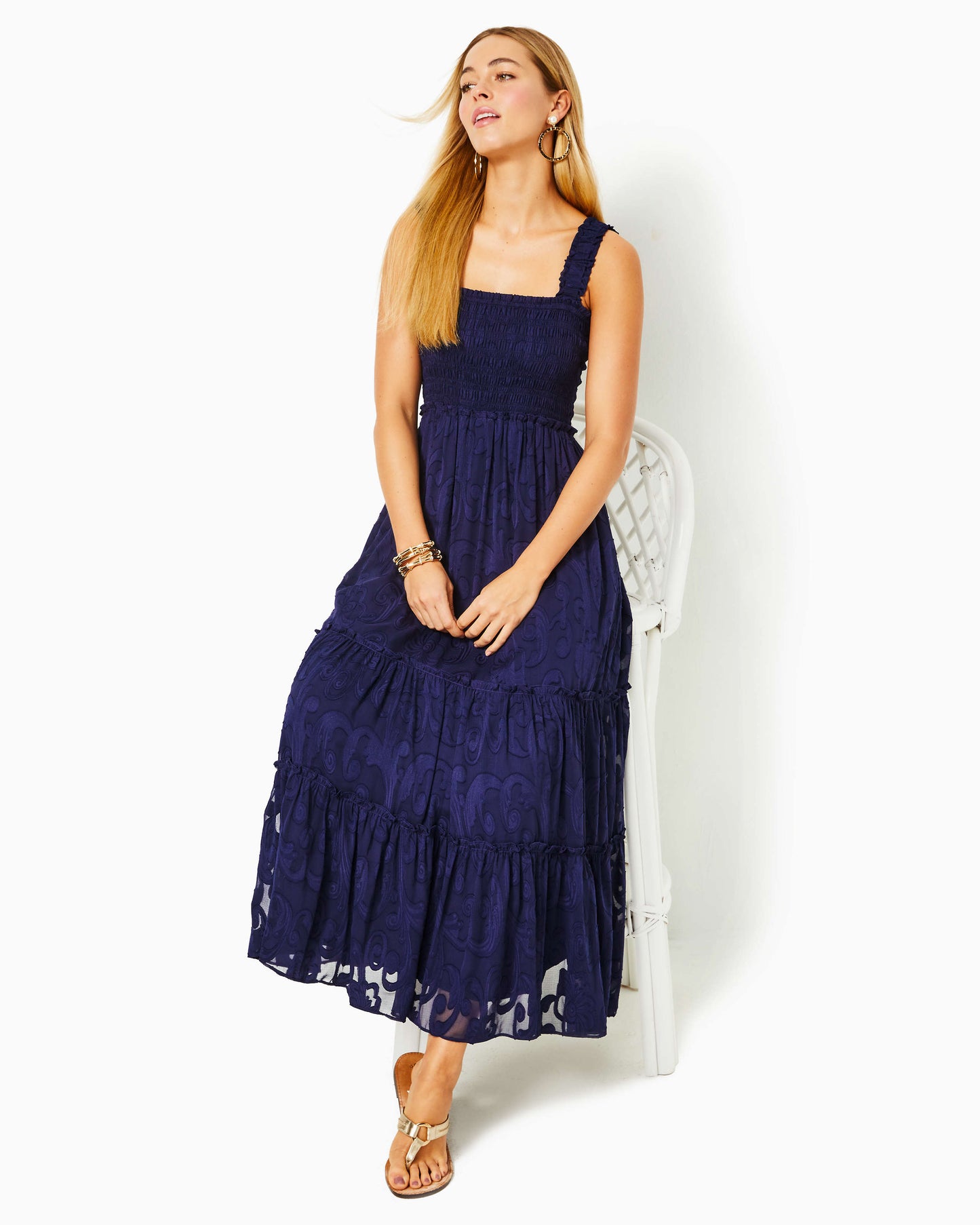 HADLY SMOCKED MAXI DRESS, TRUE NAVY POLY CREPE SWIRL CLIP