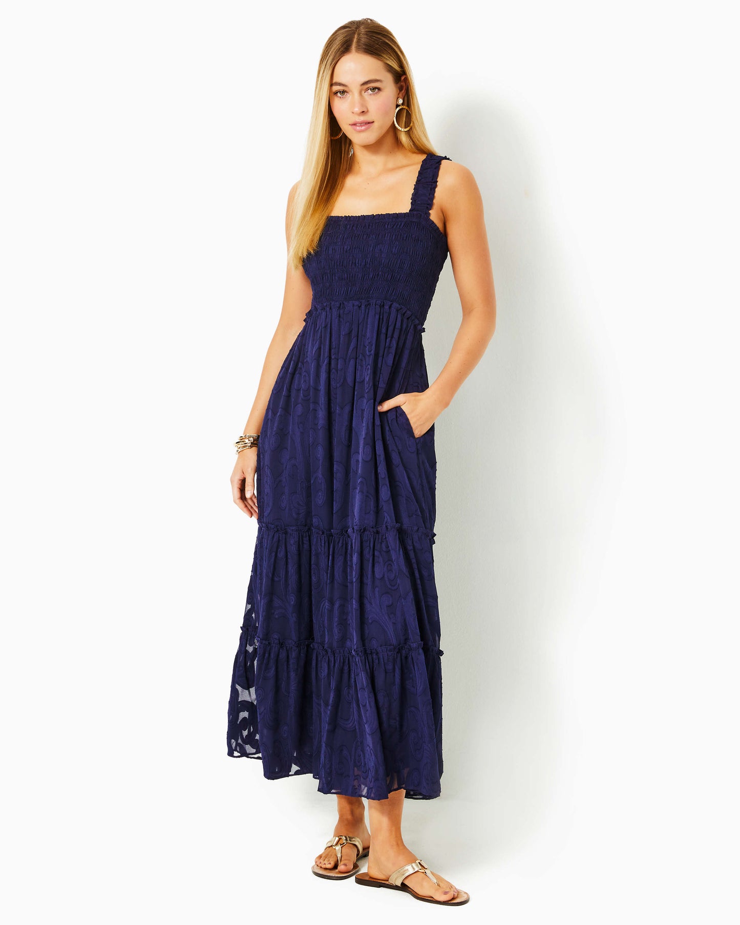 HADLY SMOCKED MAXI DRESS, TRUE NAVY POLY CREPE SWIRL CLIP
