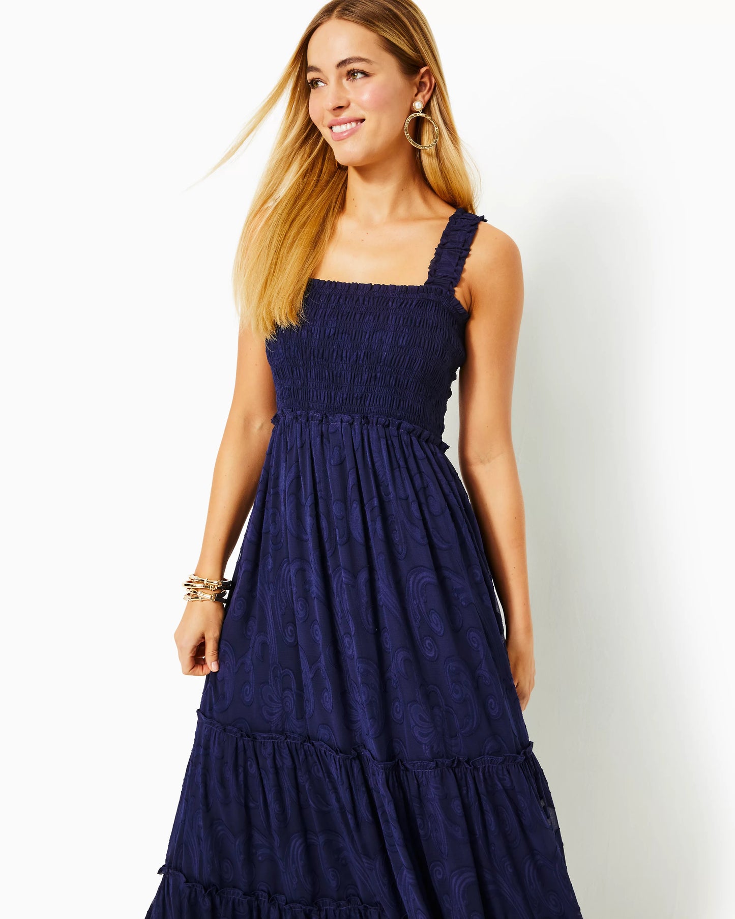 HADLY SMOCKED MAXI DRESS, TRUE NAVY POLY CREPE SWIRL CLIP