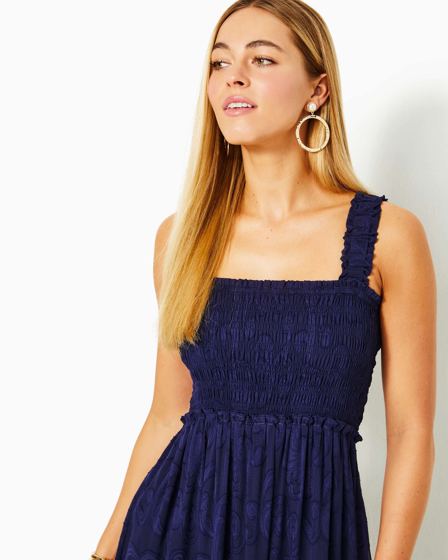 HADLY SMOCKED MAXI DRESS, TRUE NAVY POLY CREPE SWIRL CLIP