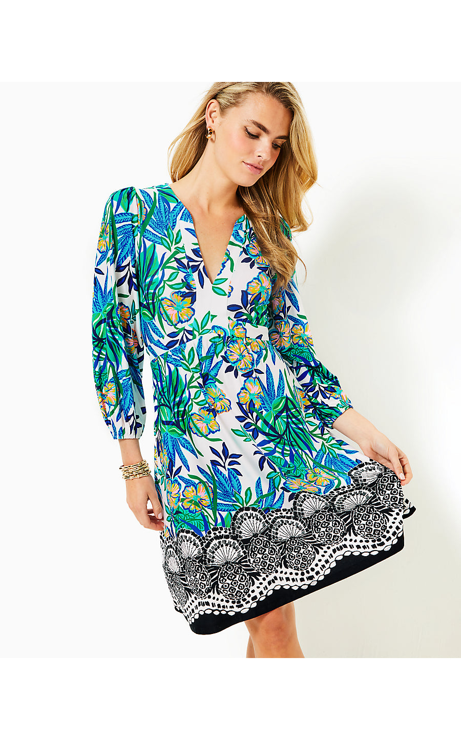 WEXLEE 3/4 SLEEVE DRESS, MULTI GOLDEN HOUR GLAM ENGINEERED KNIT DRESS
