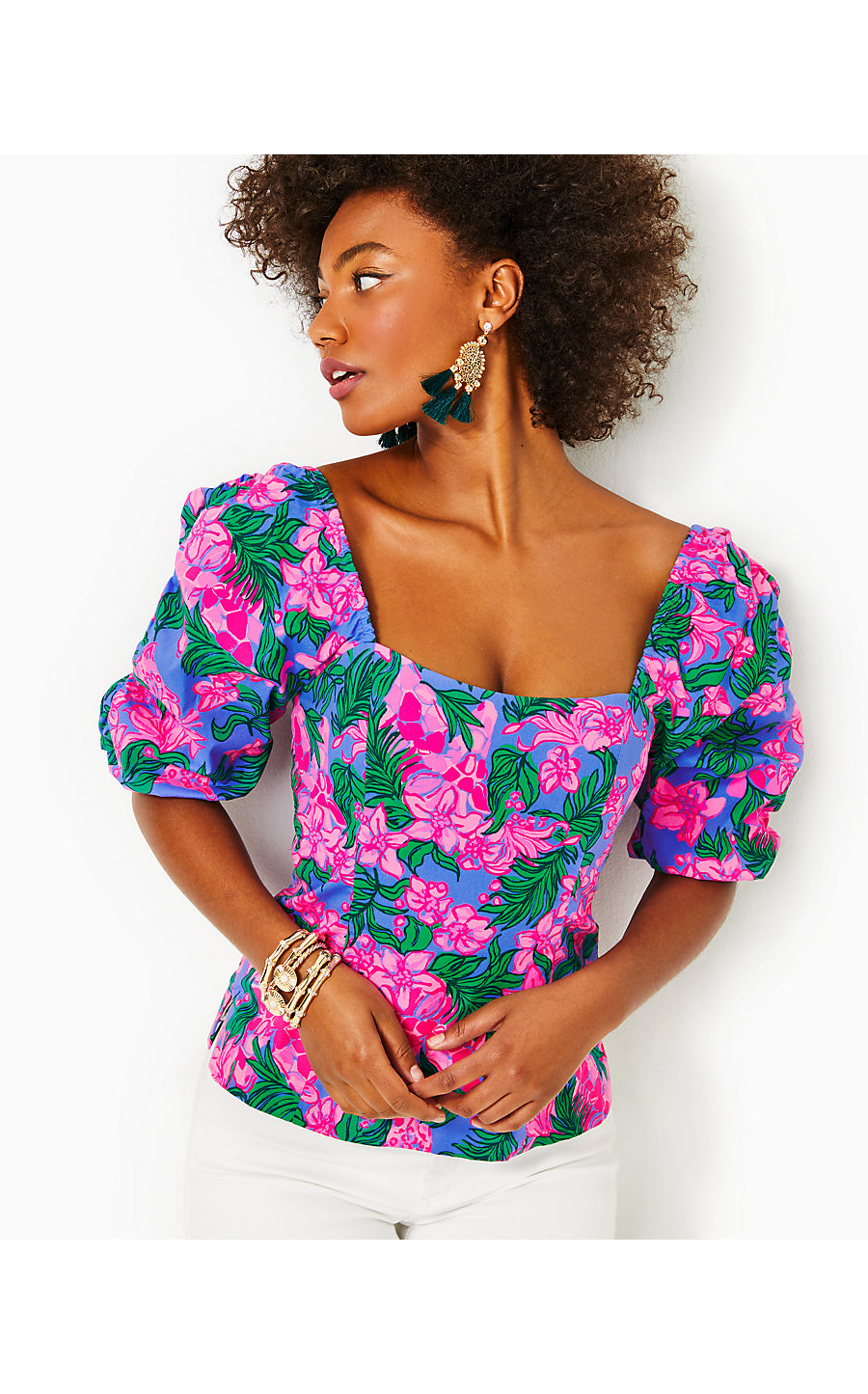 BITSY STRETCH COTTON TOP, CERISE PINK SAFARI SUNSET