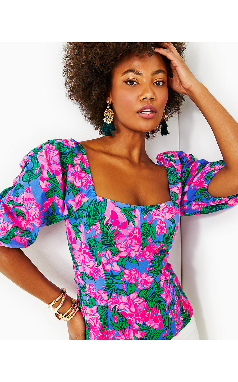 BITSY STRETCH COTTON TOP, CERISE PINK SAFARI SUNSET
